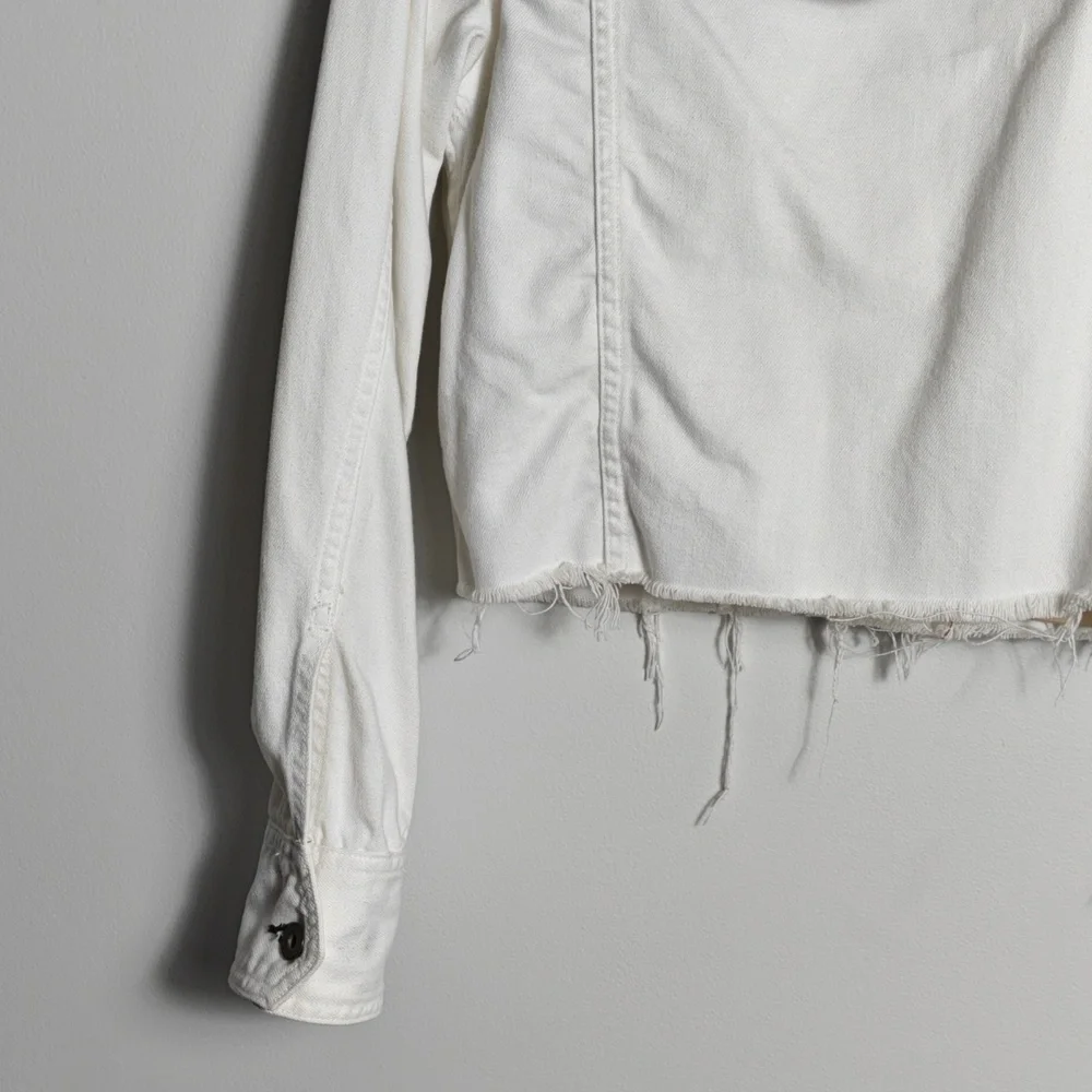 RAG & BONE / JEAN Button Up White Jean Jacket With Gray Hood Size Xsmall - Picture 13 of 16